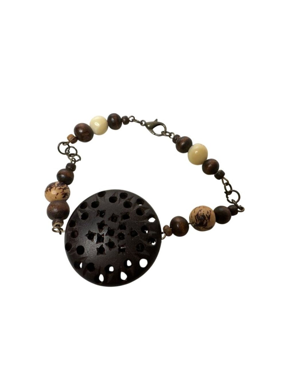 Wood Carved Trade Bead Bracelet Beaded Accents Boho Artsy  8 Inches